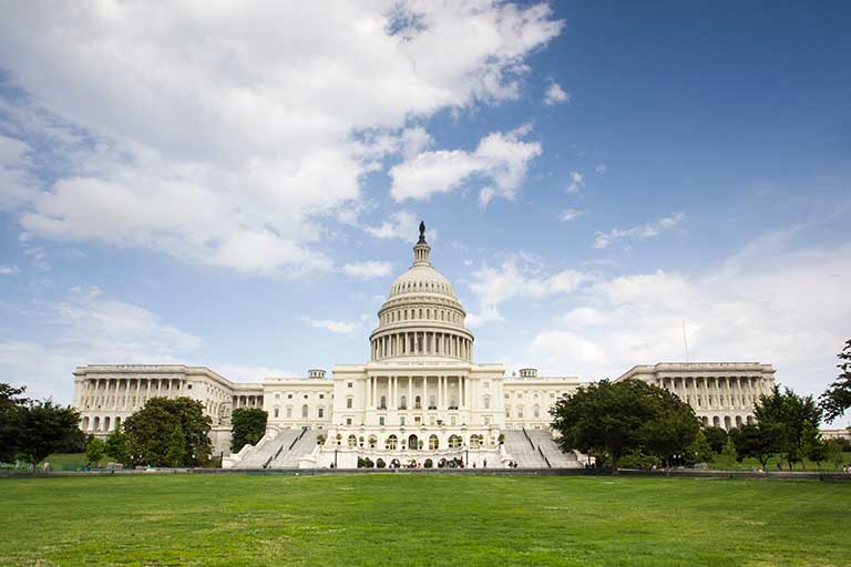 Long shot of nation's capitol on a sunny day.